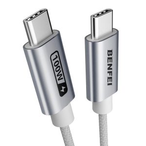 BENFEI 100W USB-C Fast Charging Cable 3.3ft Tangle-Free Silicone Aluminum Shell (Silver)
