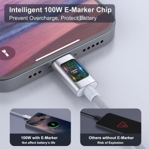 BENFEI 100W USB-C Fast Charging Cable 3.3ft Tangle-Free Silicone Aluminum Shell (Silver) - Image 4