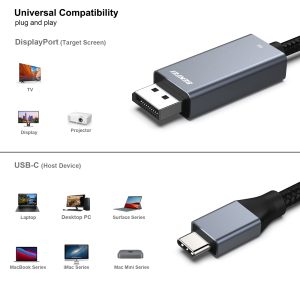 BENFEI USB-C to DisplayPort Cable 8K@60Hz 4K@144Hz 6 Feet Thunderbolt 3/4 (Gray, Aluminium Shell) - Image 4