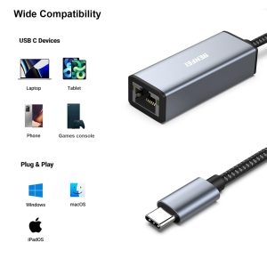 BENFEI USB-C to Ethernet Adapter Gigabit RJ45 LAN (Thunderbolt 3/4 Compatible, Grey) - Image 4
