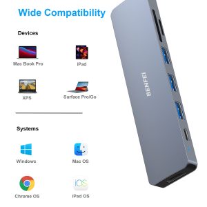 BENFEI USB-C Hub 7-in-1 Multiport Adapter (HDMI, SD/TF Card Reader, 3x USB 3.0, 60W PD, Gray) - Image 6