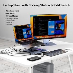BENFEI Laptop Stand with USB-C 6-in-1 Docking Station, 15W Magnetic Wireless Charger & KVM Switch - Image 2